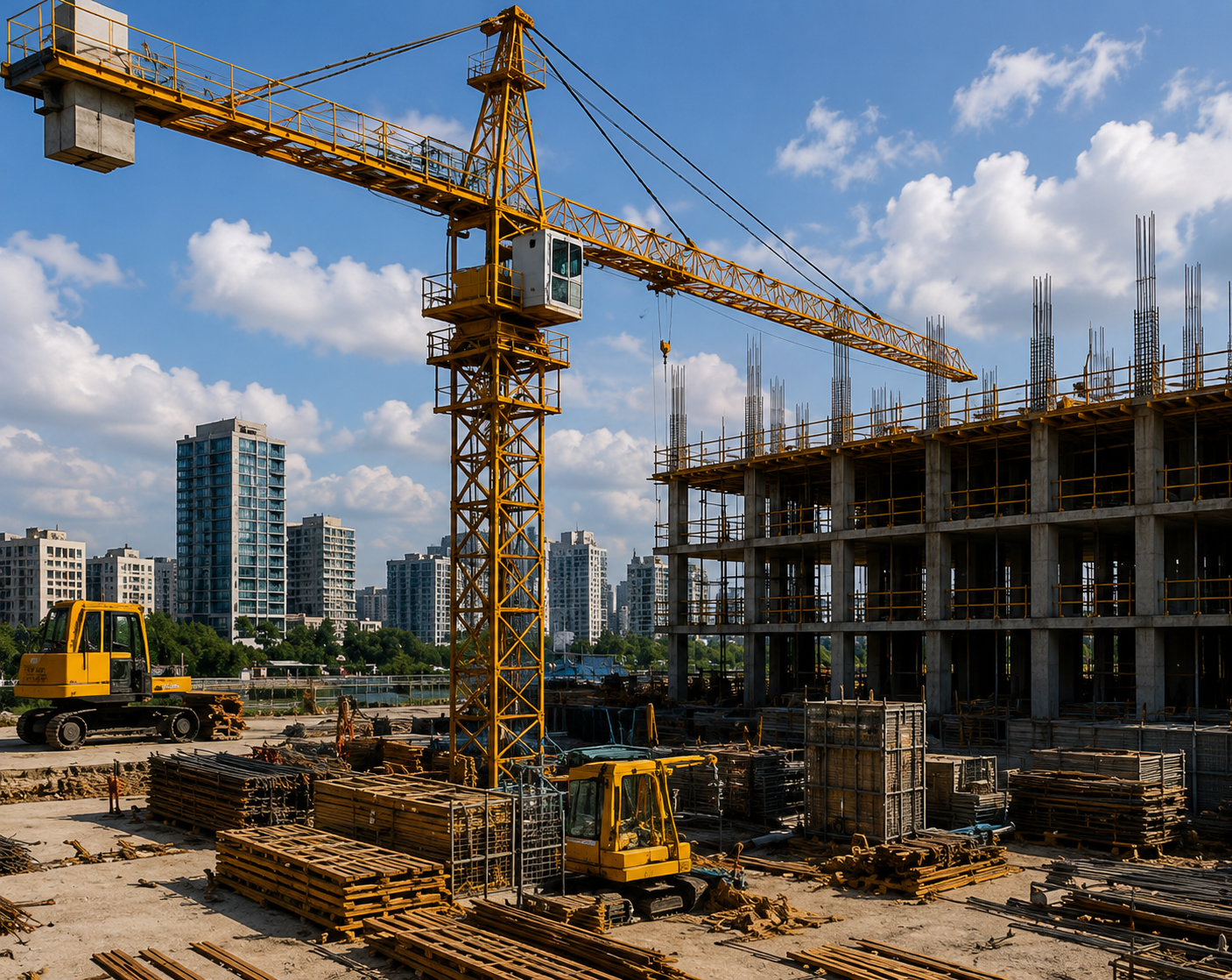 Active construction site with tower crane