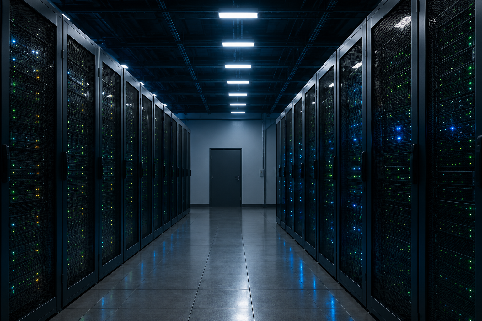 Server room aisle with data center cooling equipment