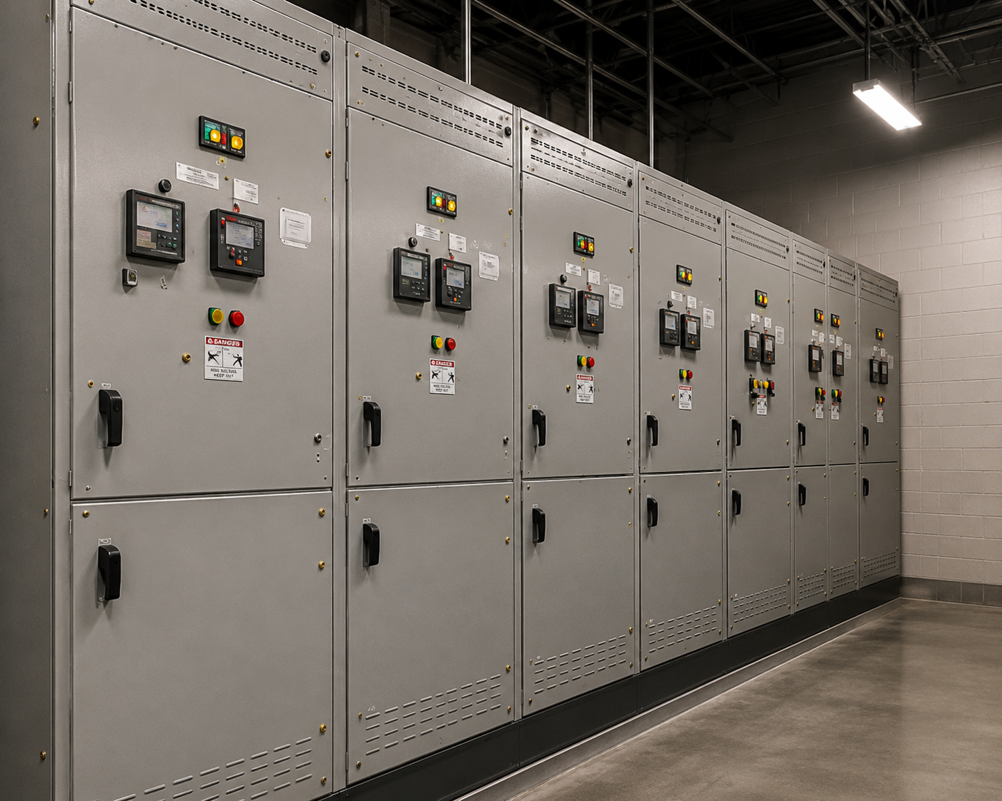 Row of electrical switchgear cabinets in a utility facility