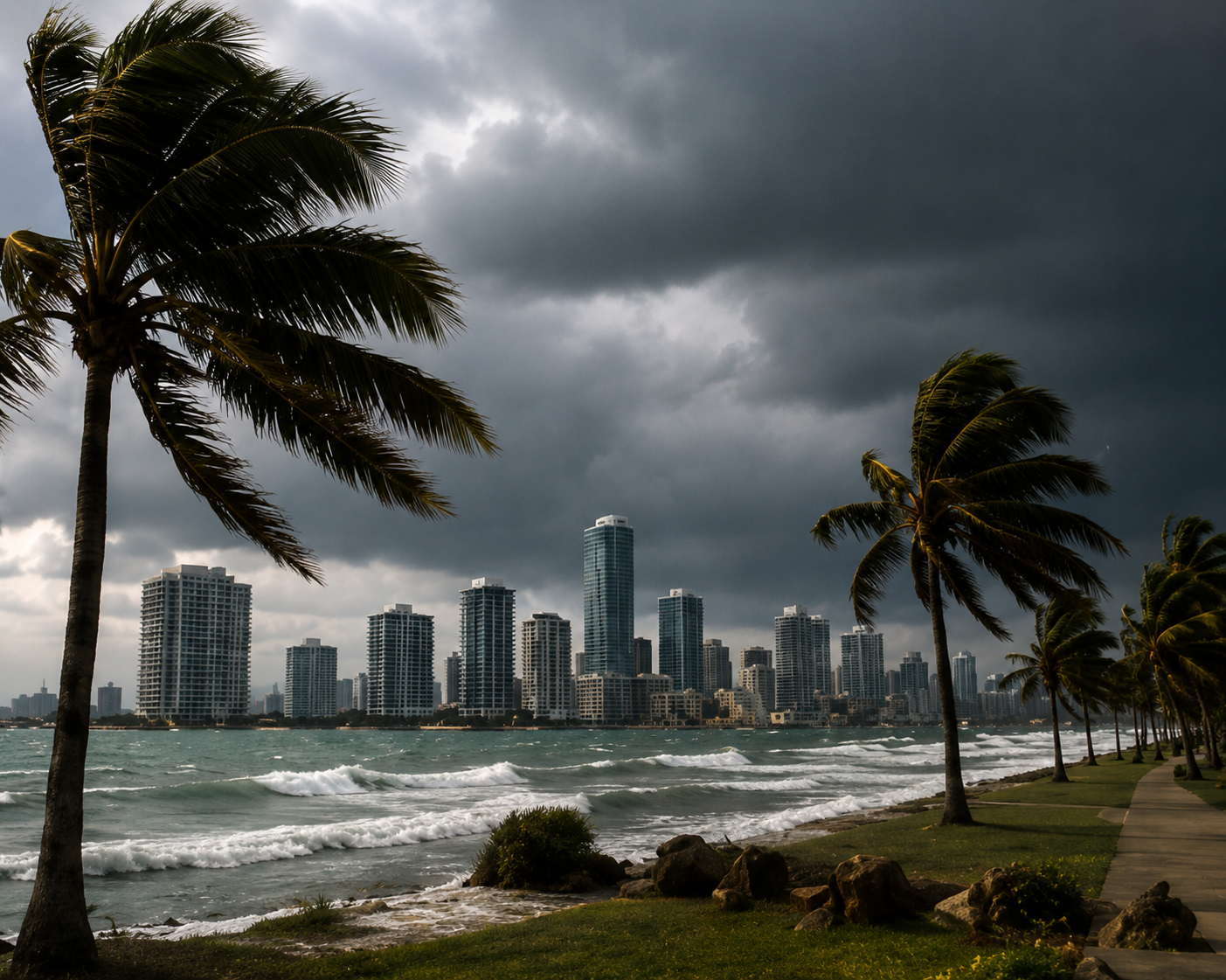 Coastal city skyline under storm clouds ahead of a hurricane