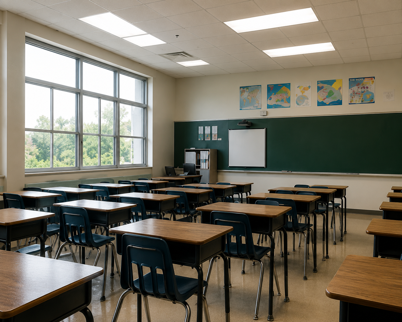 Empty classroom with rows of desks